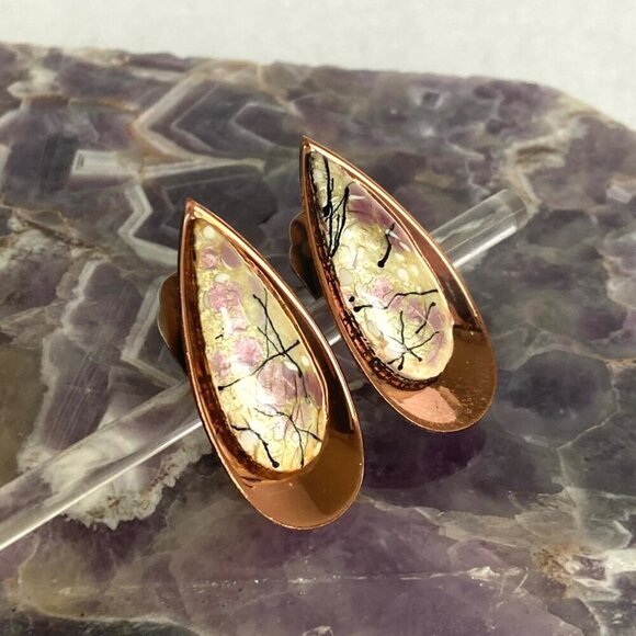 VTG Signed Renoir Matisse Copper Modernist Enamel Teardrop Clip On Earrings - Picture 12 of 16
